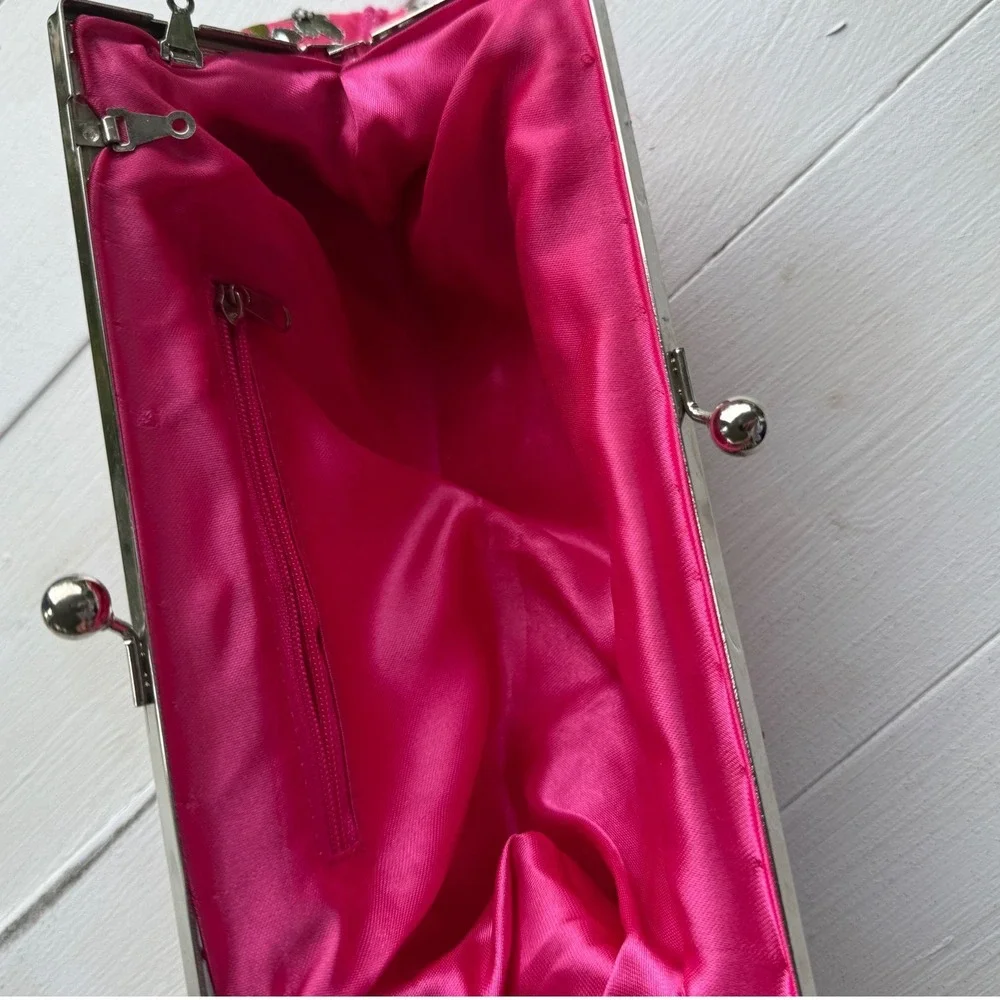 Hot Pink Embroidered Sequin Beaded Floral Clutch Evening Bag
